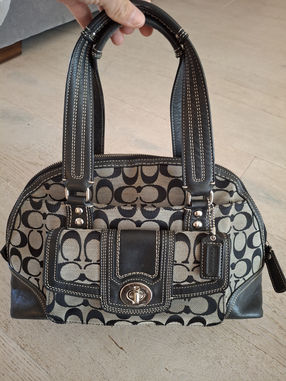 Coach Signature Hampton Turnlock Satchel Shoulder Bag Black